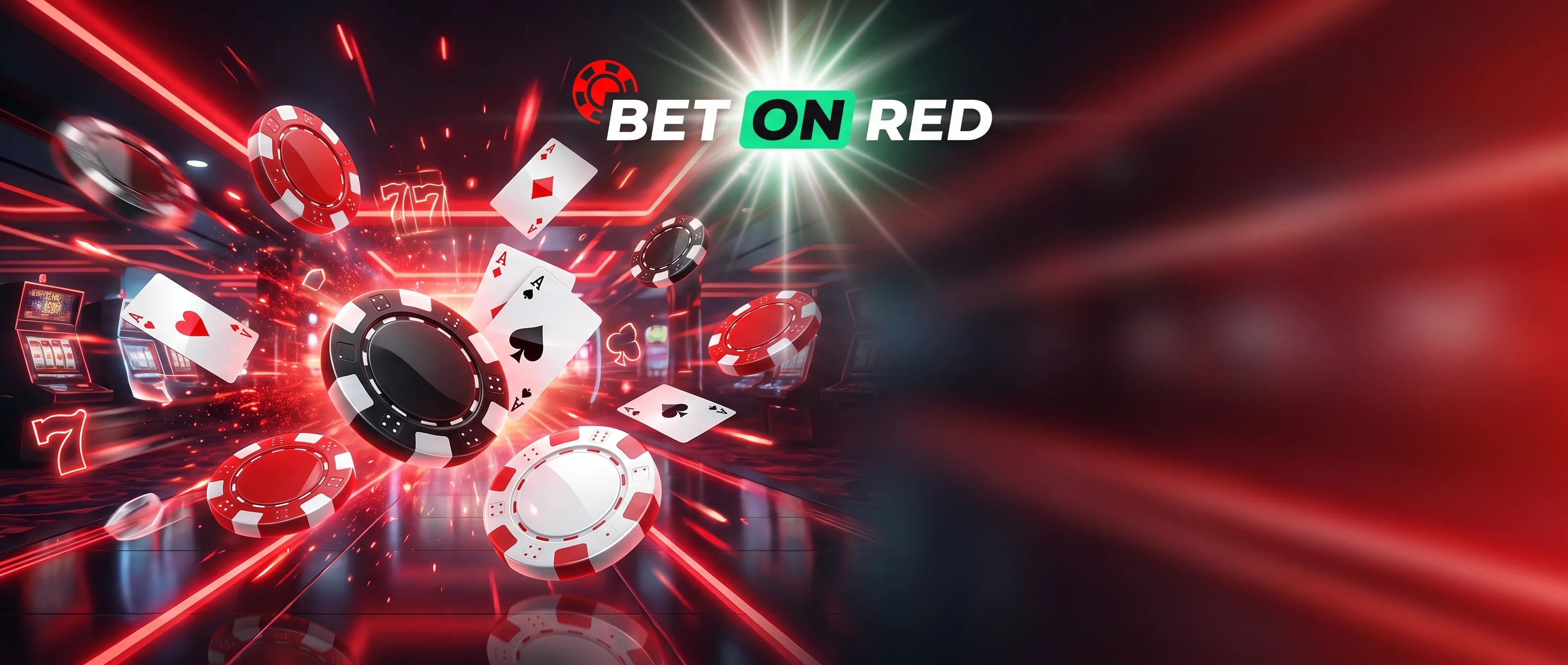 BetOnRed Casino mit Spielkarten und Chips im roten Neonlicht
